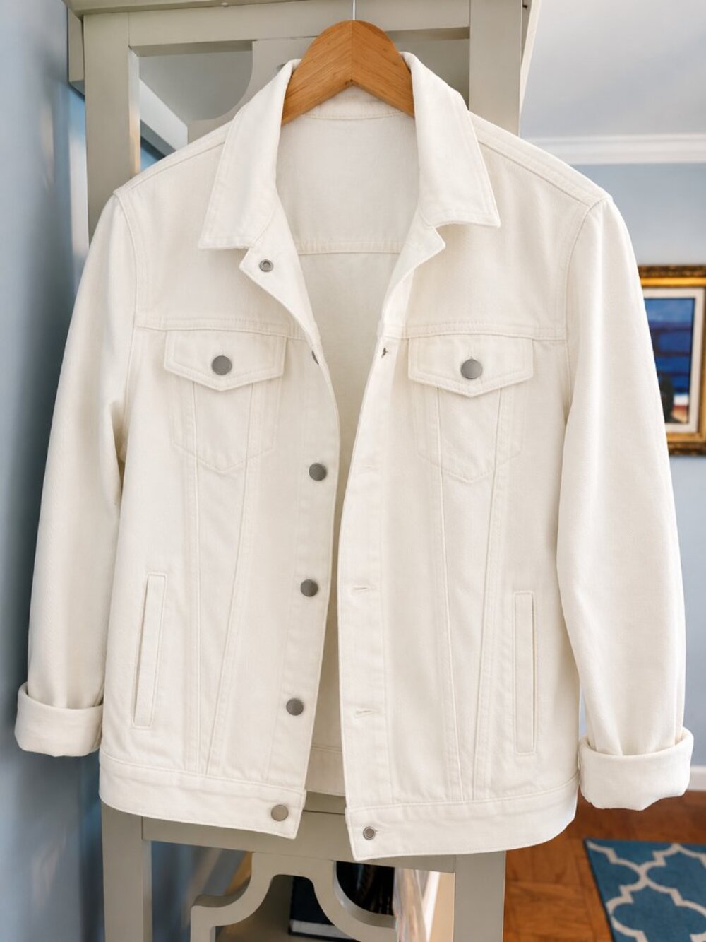 White Denim Jacket 3/4 Sleeve Coored Cropped Denim– Classic Button Front
